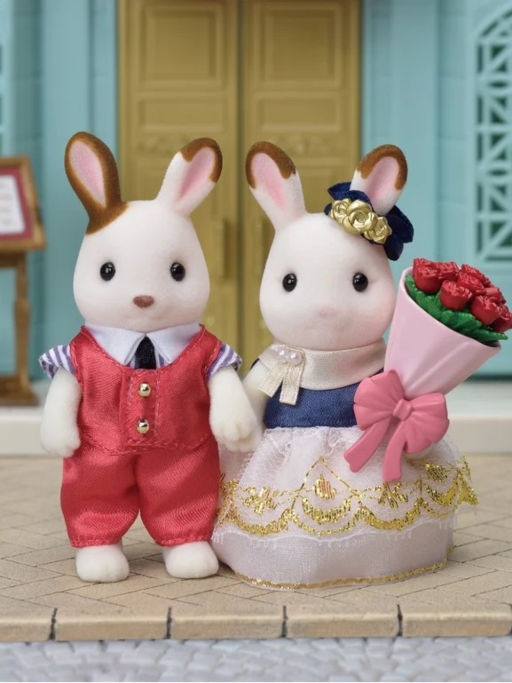 White Bunny Couple Plush Set with Pink Outfit and Floral Bouquet